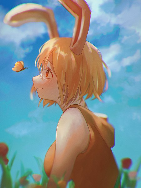 Anime picture 1800x2400 with one piece toei animation carrot (one piece) machida 0906 single tall image highres short hair smile red eyes animal ears looking away sky cloud (clouds) outdoors profile orange hair bunny ears sleeveless girl