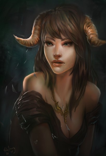 Anime-Bild 886x1300 mit richytruong single long hair tall image breasts open mouth brown hair bare shoulders green eyes signed horn (horns) lips demon girl girl pendant