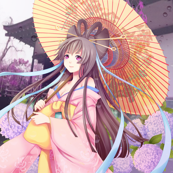 Anime picture 2500x2500 with original sammi hisame single fringe highres breasts brown hair purple eyes bare shoulders holding cleavage traditional clothes japanese clothes light smile looking up girl hair ornament ribbon (ribbons) hair ribbon kimono