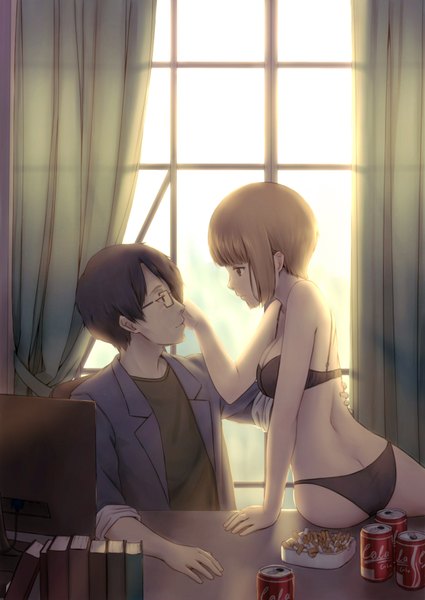 Anime picture 2480x3504 with subete ga f ni naru a-1 pictures nishinosono moe saikawa souhei hex (tanhexun) tall image fringe highres short hair breasts light erotic black hair brown hair sitting brown eyes cleavage ass profile underwear only eye contact