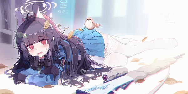 Anime picture 3200x1600 with blue archive miyu (blue archive) i-tsd single long hair blush fringe highres open mouth light erotic black hair red eyes wide image animal ears full body lying blunt bangs no shoes fake animal ears sweatdrop