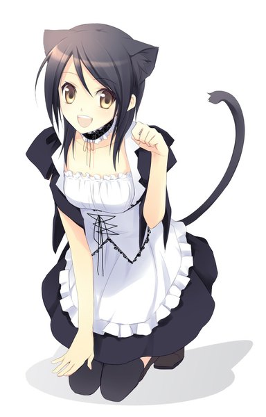 Anime picture 640x1000 with kaichou wa maid-sama! ayuzawa misaki nanami yasuna single tall image looking at viewer short hair open mouth black hair simple background white background brown eyes animal ears tail animal tail cat ears maid cat girl cat tail girl