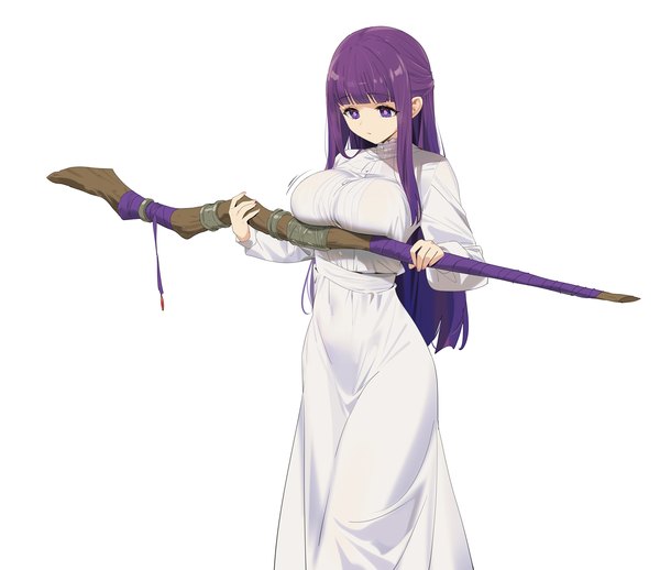 Anime picture 1500x1294 with sousou no frieren fern (sousou no frieren) yd (orange maru) single long hair fringe breasts light erotic simple background large breasts standing white background purple eyes holding purple hair long sleeves breast lift girl dress white dress