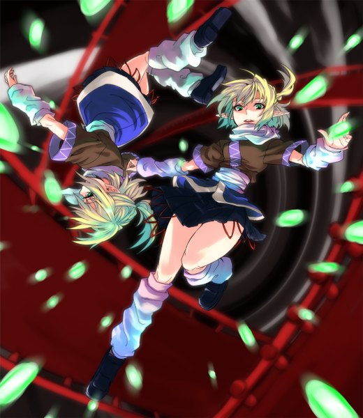 Anime picture 1127x1300 with touhou mizuhashi parsee hinomoto madoka tall image looking at viewer short hair open mouth blonde hair green eyes profile pointy ears spread arms half updo dual persona girl skirt detached sleeves socks gaiters