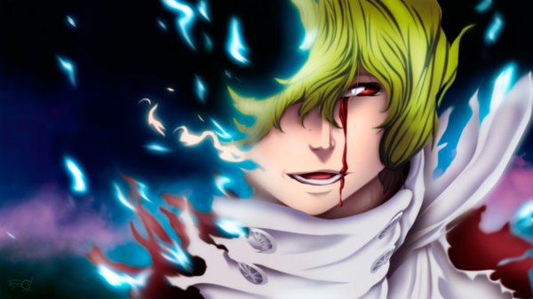 Anime picture 2667x1500 with bleach studio pierrot gremmy thoumeaux robcv single highres short hair open mouth smile red eyes wide image sky green hair coloring torn clothes close-up boy scarf blood