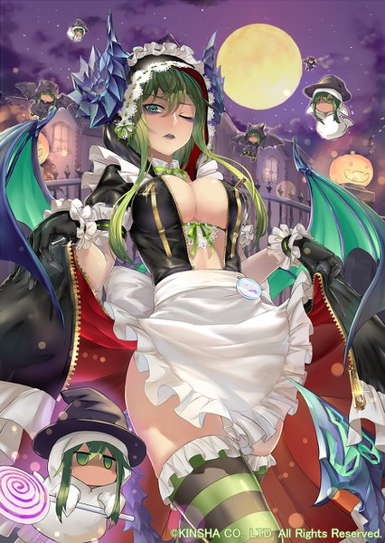 Anime picture 900x1266 with original jikeshi long hair tall image looking at viewer blush fringe breasts light erotic hair between eyes large breasts standing green eyes tail parted lips horn (horns) green hair night sparkle maid