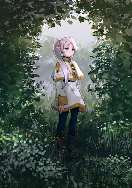 Anime picture 1748x2480 with sousou no frieren frieren mtoan single long hair tall image looking at viewer highres standing twintails green eyes silver hair full body outdoors pointy ears elf girl plant (plants) pantyhose black pantyhose