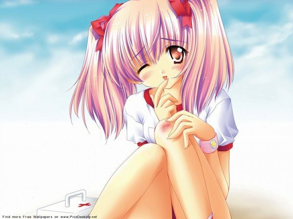 Anime picture 1152x864 with single blush short hair red eyes twintails pink hair one eye closed wink soft beauty girl ribbon (ribbons) bracelet