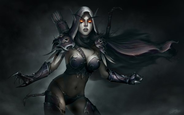 Anime picture 3000x1875 with world of warcraft blizzard entertainment sylvanas windrunner long hair highres black hair wide image lips pointy ears realistic midriff orange eyes facial mark glowing dark background elf demon girl glowing eye (eyes) girl navel