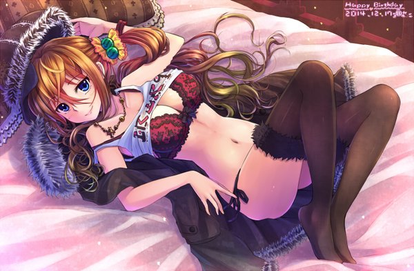 Anime picture 1400x918 with original xia you qing suikakitsu shiro single long hair breasts blue eyes light erotic smile brown hair lying pantyshot girl thighhighs navel underwear panties black thighhighs lingerie bra