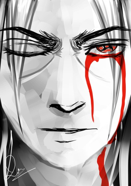 Anime picture 1240x1753 with naruto studio pierrot naruto (series) uchiha itachi lge793 single long hair tall image black hair red eyes face akatsuki sharingan boy blood