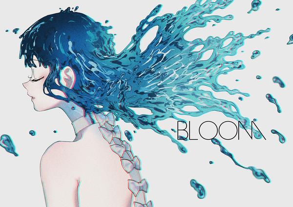 Anime picture 1754x1240 with original p (pkochan) single long hair highres simple background bare shoulders blue hair upper body eyes closed profile inscription liquid hair girl bow water