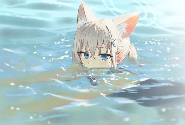 Anime picture 1750x1185 with blue archive shiroko (blue archive) shiroko (swimsuit) (blue archive) wasabi60 single fringe highres short hair blue eyes hair between eyes animal ears silver hair ponytail partially submerged swimming girl halo