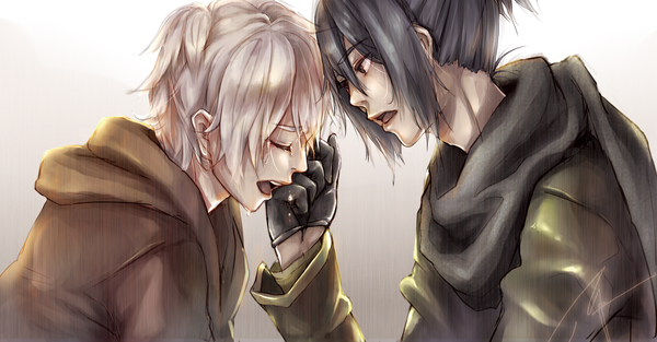 Anime picture 1748x913 with no.6 studio bones nezumi (no.6) shion (no.6) monkeyyan yan wong highres short hair open mouth black hair simple background wide image white hair eyes closed multiple boys tears crying boy gloves scarf