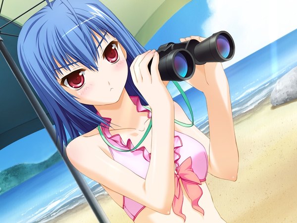 Anime picture 1200x900 with pia carrot pia carrot 4 kitagawa sora light erotic red eyes blue hair game cg beach girl swimsuit binoculars