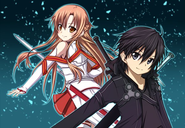 Anime picture 1741x1208 with sword art online a-1 pictures yuuki asuna kirigaya kazuto kuena long hair highres short hair black hair brown hair black eyes orange eyes couple girl boy weapon sword cloak