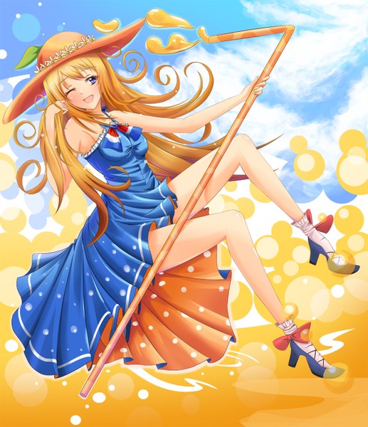 Anime picture 1250x1450 with original orangina dare! single long hair tall image blush open mouth blue eyes bare shoulders one eye closed wink orange hair legs girl dress bow hat socks shoes