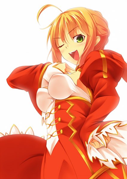 Anime picture 800x1129 with fate (series) fate/extra type-moon nero claudius (fate) (all) nero claudius (fate) kinta (distortion) tall image short hair simple background blonde hair white background green eyes ahoge one eye closed wink underbust girl dress