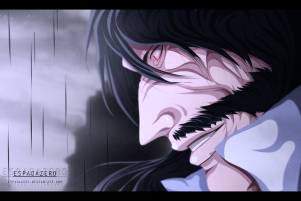 Anime picture 3000x2000 with bleach studio pierrot juha bach espadazero single long hair highres black hair red eyes sky cloud (clouds) profile light smile coloring letterboxed close-up face boy mustache