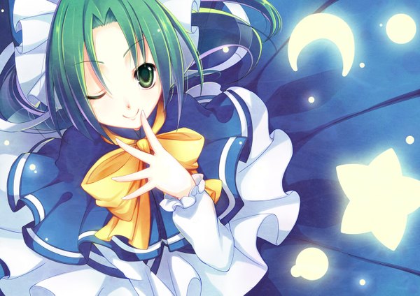 Anime picture 1280x905 with touhou mima philomelalilium single short hair smile green eyes one eye closed green hair wink finger to mouth crescent girl dress bow star (symbol) moon (symbol)