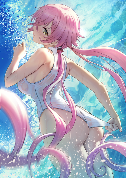 Anime picture 2150x3035 with original solar (happymonk) single tall image blush fringe highres breasts light erotic hair between eyes standing twintails yellow eyes pink hair outdoors ass very long hair profile looking back arm up