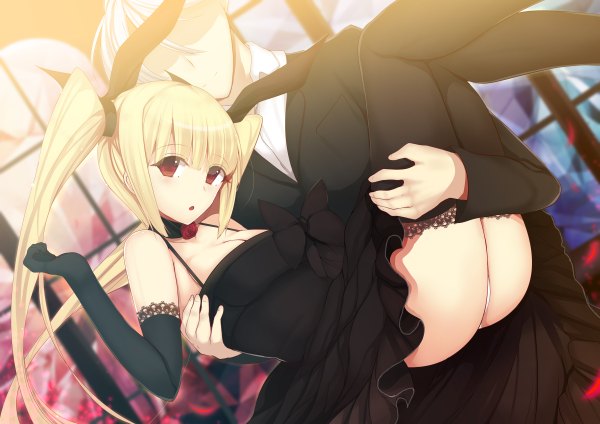 Anime picture 1200x848 with blazblue rachel alucard daiaru long hair looking at viewer open mouth light erotic blonde hair red eyes twintails bare shoulders couple carrying princess carry faceless male girl thighhighs dress boy gloves