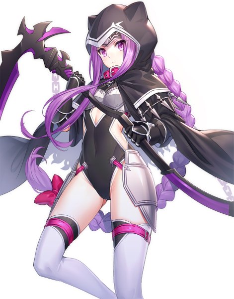 Anime picture 943x1200 with fate (series) fate/grand order rider medusa (lancer) (fate) ririko (zhuoyandesailaer) single tall image looking at viewer blush light erotic simple background standing white background purple eyes holding payot purple hair braid (braids) very long hair floating hair