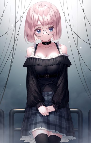 Anime picture 765x1200 with original mac-kine single tall image looking at viewer fringe short hair blue eyes blonde hair standing cleavage plaid skirt bob cut girl thighhighs skirt black thighhighs miniskirt choker glasses