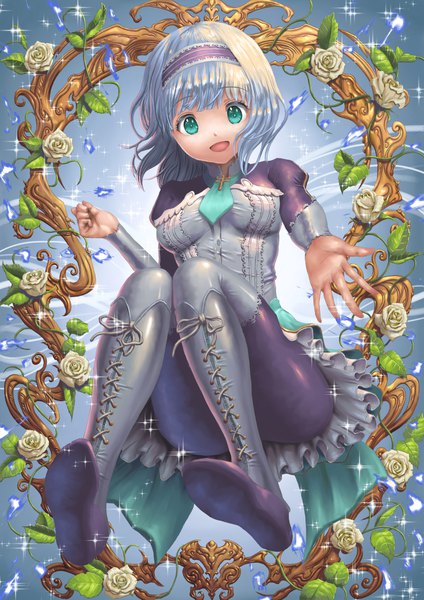 Anime picture 794x1123 with isekai wa smartphone to tomo ni. linse shileska hirokazu (analysis-depth) single tall image looking at viewer fringe short hair breasts open mouth smile sitting green eyes silver hair full body bent knee (knees) blunt bangs long sleeves :d pleated skirt