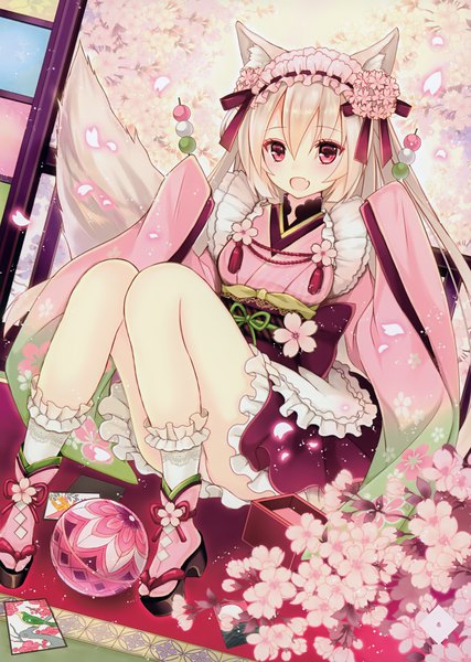 Anime picture 2846x4000 with original nozomi fuuten single long hair tall image blush highres open mouth light erotic red eyes animal ears white hair tail traditional clothes japanese clothes animal tail scan pantyshot fox ears fox tail