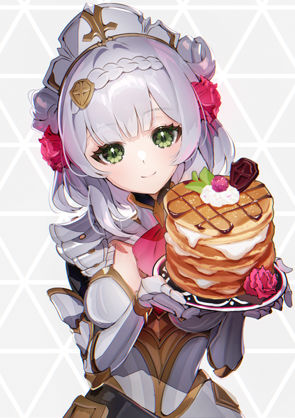 Anime picture 866x1228 with genshin impact noelle (genshin impact) galibo single tall image looking at viewer short hair smile green eyes silver hair upper body braid (braids) hair flower from above girl flower (flowers) food armor rose (roses) pink rose