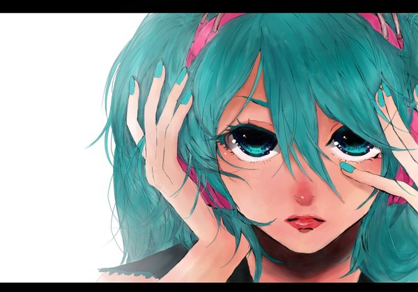 Anime picture 1600x1120 with vocaloid migikata no chou (vocaloid) hatsune miku akiakane single simple background white background nail polish aqua eyes lips aqua hair girl headphones