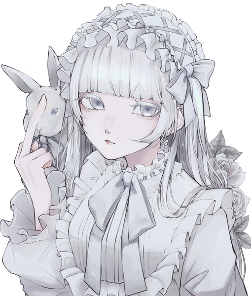 Anime picture 2800x3300 with original 402 (o0 xxx) single long hair tall image looking at viewer fringe highres simple background white background silver hair upper body blunt bangs silver eyes lolita fashion middle finger girl animal bunny lolita hairband
