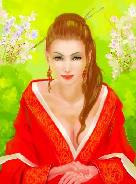 Anime picture 947x1280 with archiaoryix single long hair tall image breasts brown hair green eyes ponytail traditional clothes japanese clothes fingernails lips pointy ears long fingernails eyeshadow girl flower (flowers) earrings kimono