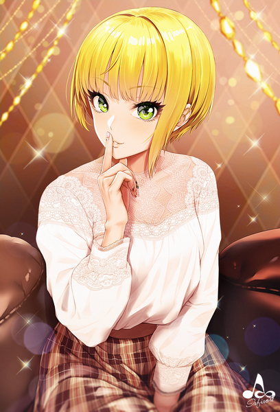 Anime picture 1089x1600 with idolmaster idolmaster cinderella girls miyamoto frederica infinote single tall image looking at viewer blush fringe short hair blonde hair sitting green eyes signed payot nail polish pleated skirt sparkle lens flare finger to mouth