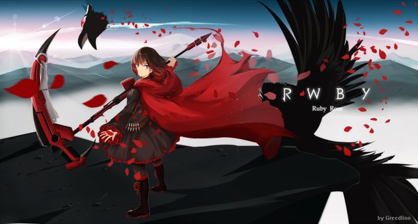 Anime picture 1858x1000 with rwby rooster teeth ruby rose grimm single looking at viewer highres short hair blue eyes black hair wide image mountain girl dress weapon animal petals boots bird (birds) scythe