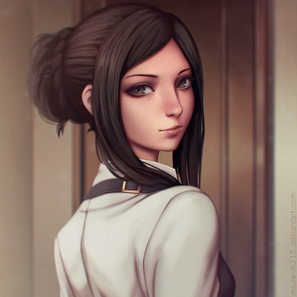 Anime picture 1120x1120 with tokyo ghoul studio pierrot irimi kaya miura-n315 single long hair looking at viewer fringe black hair payot indoors braid (braids) looking back lips from behind black eyes realistic hair bun (hair buns) eyeshadow makeup