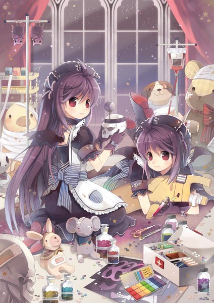 Anime picture 1414x2000 with original rednian long hair tall image looking at viewer blush red eyes multiple girls purple hair black wings girl dress bow 2 girls wings toy stuffed animal skull bat scissors