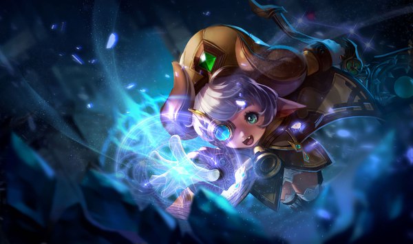 Anime picture 1920x1133 with arena of valor alice (arena of valor) single highres short hair open mouth blue eyes wide image purple hair from above pointy ears official art magic bell collar girl gloves white gloves headdress bell monocle