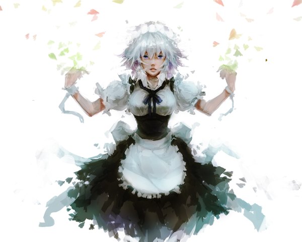 Anime picture 1209x971 with touhou izayoi sakuya narrow single looking at viewer fringe short hair breasts blue eyes simple background white background silver hair braid (braids) lips maid twin braids dissolving girl uniform bow