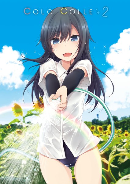 Anime picture 600x847 with kantai collection asashio destroyer nagami yuu single long hair tall image blush open mouth blue eyes light erotic black hair smile sky cloud (clouds) inscription swimsuit under clothes girl flower (flowers) plant (plants) shirt
