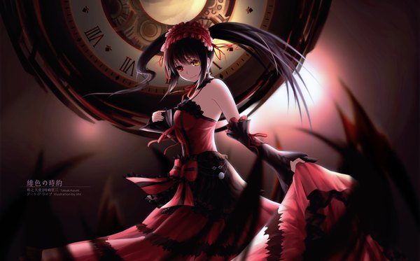 Anime picture 3979x2480 with date a live tokisaki kurumi liht single long hair looking at viewer fringe highres black hair smile hair between eyes red eyes wide image standing twintails bare shoulders signed yellow eyes payot absurdres
