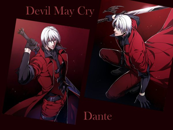 Anime picture 1400x1050 with devil may cry dante (devil may cry) red lian short hair blue eyes standing silver hair white hair inscription multiple boys kneeling squat multiview bat wings boy gloves sword wings 2 boys pants