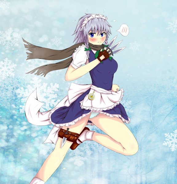 Anime picture 1920x2000 with touhou izayoi sakuya toranashi (artist) single tall image blush highres short hair blue eyes light erotic silver hair grey hair maid pantyshot girl gloves underwear panties weapon scarf