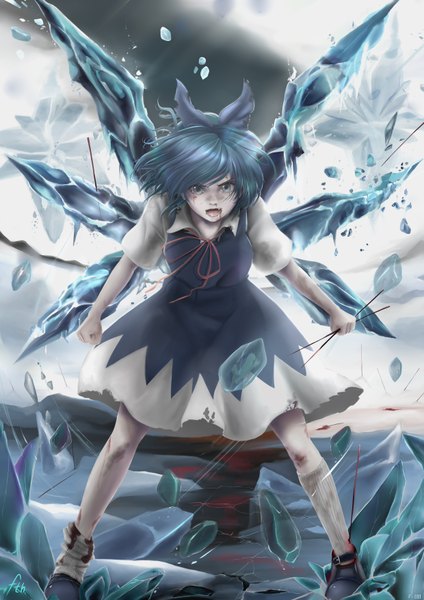 Anime picture 2480x3508 with touhou cirno killerjaja single tall image looking at viewer highres short hair open mouth standing holding blue hair full body short sleeves grey eyes fang (fangs) floating hair torn clothes watermark blood on face