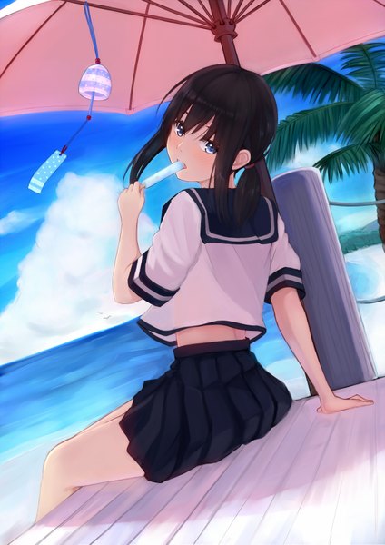 Anime picture 1200x1697 with kantai collection fubuki destroyer 96tuki single long hair tall image looking at viewer blush fringe open mouth blue eyes black hair sitting twintails cloud (clouds) pleated skirt wind beach girl skirt