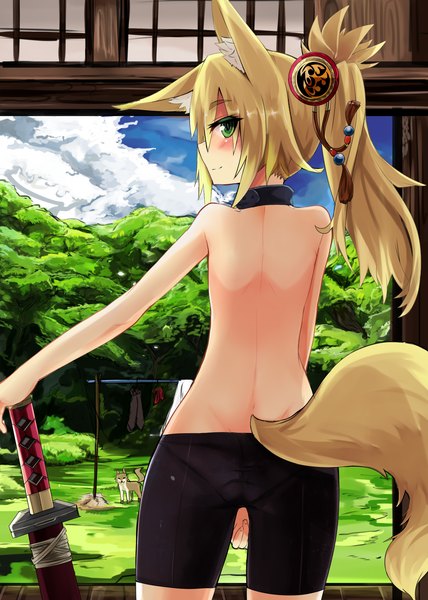 Anime picture 1428x2000 with original kokonoe tsubaki haik tall image short hair light erotic blonde hair green eyes ponytail looking back fox ears back fox tail fox girl topless bare back girl weapon sword katana