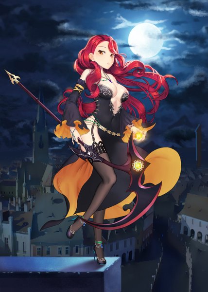 Anime picture 1214x1700 with original sevengreen single long hair tall image looking at viewer breasts light erotic brown eyes red hair night girl thighhighs dress weapon black thighhighs detached sleeves moon scythe