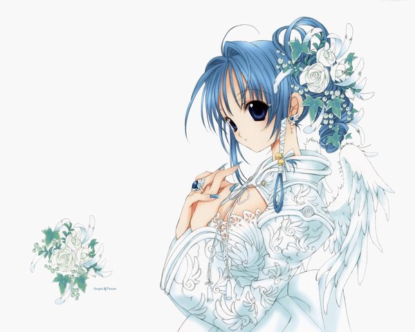 Anime picture 1280x1024 with original nanase aoi single looking at viewer fringe blue eyes white background blue hair cleavage upper body ahoge nail polish looking back hair flower wide sleeves angel wings girl hair ornament flower (flowers) earrings