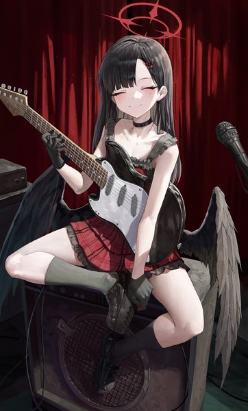 Anime picture 3015x4995 with blue archive ichika (blue archive) hwan (verypoor) single long hair tall image blush fringe highres black hair smile sitting holding absurdres full body eyes closed frilled dress ^ ^ black wings low wings